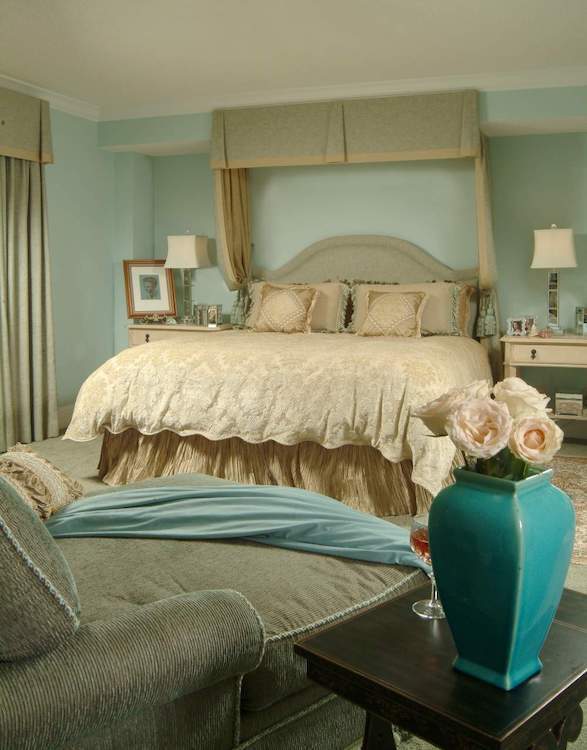 Master bedroom with blue wallpaper