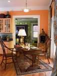 Orange kitchen with green living room in background